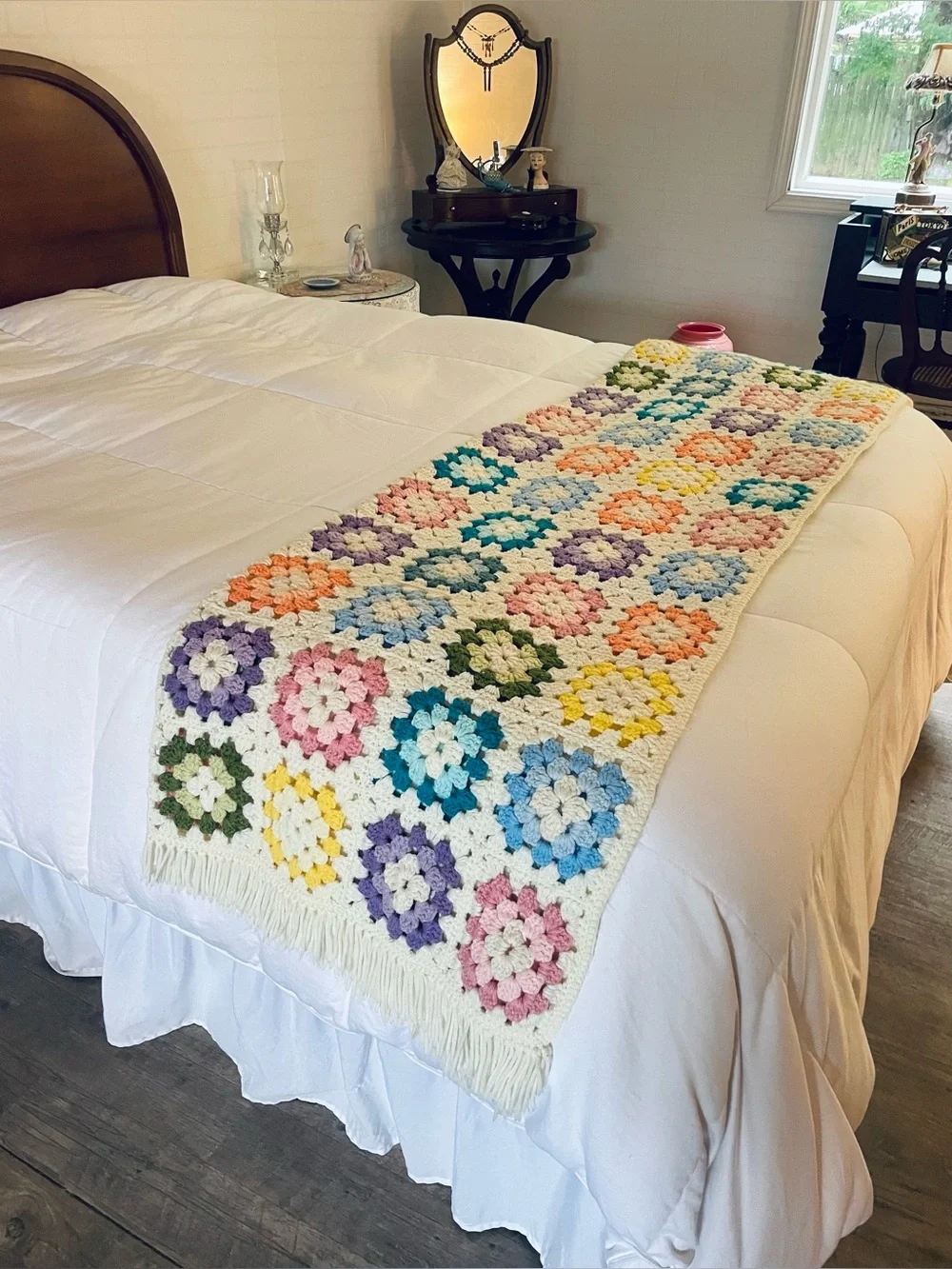Vintage Handmade Crochet Granny Square Throw Blanket Pastels Fringed 40x78